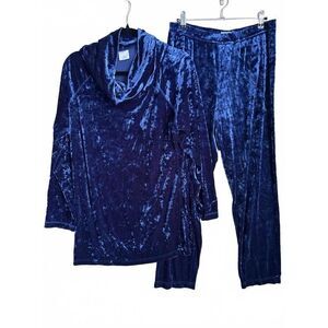 Cabernet Crushed Velvet Cowl Neck Oversized Top Ankle Pants Blue Medium M